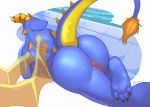  2020 all_fours animal_genitalia animal_penis anthro ass_up blue_body blue_scales butt claws dorsal_frill dragon erection feet frill_(anatomy) fur genitals grin head_crest head_frill hi_res horn invalid_tag looking_at_viewer looking_back lying male multicolored_body negger nude on_front orange_body orange_fur penis poolside presenting presenting_hindquarters raised_tail rear_view red_eyes scales scalie seductive smile solo tail_tuft toe_claws tuft two_tone_body water wings yellow_body yellow_scales 