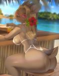  2020 accessory alpine_ibex anthro beach beverage bikini blonde_hair blurred_background bovid breasts butt caprine clothing cup digital_media_(artwork) evehly female flower flower_in_hair furniture goat hair hair_accessory horn ibex long_hair looking_at_viewer looking_back mammal plant seaside sitting solo stacy_(evehly) stool swimwear 