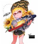  1girl :3 anchor_symbol bangs beanie black_shorts blonde_hair blunt_bangs brown_headwear closed_mouth commentary domino_mask english_text flower grey_shirt hat holding holding_weapon inkling inkling_(language) kyuurisoda logo long_sleeves looking_at_viewer mask medium_hair pointy_ears red_eyes shirt short_shorts shorts simple_background sleeves_past_wrists smirk solo splatoon_(series) splatoon_2 splattershot_pro_(splatoon) standing sunflower symbol_commentary tentacle_hair twitter_username weapon white_background 