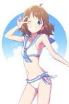  1girl ;d agata_(agatha) ahoge bare_arms bare_shoulders bikini blue_eyes blue_sailor_collar blue_sky brown_hair cloud commentary_request highres idolmaster idolmaster_million_live! looking_at_viewer navel neckerchief one_eye_closed open_mouth sailor_bikini sailor_collar short_hair sky smile solo suou_momoko swimsuit v white_bikini 