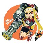  1girl anchor_symbol bandage_on_face bandages bandaid bandaid_on_knee bangs baseball_cap bike_shorts black_headwear black_legwear black_shorts blonde_hair blunt_bangs clothes_writing commentary domino_mask english_text hat hero_splatling_(splatoon) highres holding holding_weapon ink_tank_(splatoon) inkling inkling_(language) katsu_noha long_hair long_sleeves looking_at_viewer mask one_eye_closed open_mouth pointy_ears red_eyes red_footwear red_shirt shirt shoes short_over_long_sleeves short_sleeves shorts single_vertical_stripe smile sneakers socks solo splatoon_(series) splatoon_2 standing t-shirt tentacle_hair weapon 
