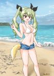  1girl absurdres anchovy_(girls_und_panzer) bangs beach bikini black_ribbon blue_shorts blue_sky breasts cloud cloudy_sky commentary_request dated day denim denim_shorts drill_hair drops_mint eyebrows_visible_through_hair girls_und_panzer girls_und_panzer_senshadou_daisakusen! green_hair hair_ribbon highres horizon index_finger_raised long_hair looking_at_viewer medium_breasts micro_shorts navel ocean open_mouth outdoors red_eyes ribbon shore shorts sky smile solo standing swimsuit twin_drills twintails white_bikini 