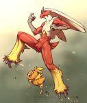  3_fingers 3_toes abstract_background action_pose ambiguous_gender anthro athletic athletic_anthro avian beak blaziken blue_eyes blurred_background chest_tuft claws crotch_tuft duo embers feathers feral finger_claws fingers fur hi_res leaping navel nintendo open_mouth orange_body orange_feathers pok&eacute;mon pok&eacute;mon_(species) pose raised_leg red_body red_fur rotarr shaded talons tan_body tan_fur toe_claws toes tongue torchic tuft video_games white_claws yellow_body yellow_fur yellow_sclera 