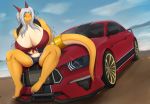  aisyah_zaskia_harnny anthro beach big_breasts breasts car cleavage clothed clothing dragon female ford ford_mustang harnny huge_breasts rtr_vehicles seaside sitting solo vehicle yellow_body 