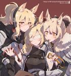  3girls animal_ear_fluff animal_ears arknights aunt_and_niece bandages bandages_over_eyes black_gloves black_sweater blemishine_(arknights) blindfold blonde_hair blush bow breasts chain character_name cloak closed_mouth collar commentary dog_collar eyebrows_visible_through_hair fur-trimmed_cloak fur_trim gloves hair_between_eyes hair_bow headphones highres horse_ears kyou_039 long_hair looking_at_viewer medium_breasts multiple_girls nearl_(arknights) open_mouth orange_eyes patterned_clothing polka_dot polka_dot_background ponytail red_background ribbed_sweater siblings simple_background sisters smile sweater turtleneck turtleneck_sweater twitter_username upper_body whislash_(arknights) white_cloak yellow_eyes 