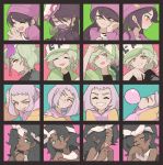  4girls :t adjusting_clothes adjusting_headwear aori_(splatoon) arms_behind_head baseball_cap beanie black_choker black_gloves black_hair black_kimono black_shirt blush bob_cut brown_eyes bubble_blowing chewing_gum chin_rest choker commentary crescent dark_skin dark_skinned_female dress earrings english_commentary expressions eyebrows_visible_through_hair facing_viewer finger_to_mouth food food_on_head frown glaring gloves green_eyes green_headwear green_jacket grey_hair grimace grin hair_ornament half-closed_eye half-closed_eyes hand_on_own_head hands_together hat headband hero_charger_(splatoon) hime_(splatoon) hood hood_down hoodie hotaru_(splatoon) humanization iida_(splatoon) jacket japanese_clothes jewelry kimono laughing leaning_back long_hair long_sleeves looking_at_viewer looking_back looking_to_the_side makeup mascara medium_hair mole mole_under_eye mole_under_mouth multiple_girls object_on_head one_eye_closed open_mouth over_shoulder pink_dress purple_headwear purple_jacket shirt smile spiked_choker spikes splatoon_(series) splatoon_2 splatoon_2:_octo_expansion squidbeak_splatoon sunglasses sushi sweatdrop tako-san_wiener tank_top tearing_up tears tied_hair white_headband white_shirt wiping_tears wong_ying_chee yellow_dress 