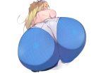  1girl agovitch animal_ears artoria_pendragon_(all) artoria_pendragon_(swimsuit_ruler)_(fate) ass ass_focus bent_over blonde_hair blue_legwear blush bunny_ears bunny_girl embarrassed fake_animal_ears fate/grand_order fate_(series) fishnet_legwear fishnets leotard partially_visible_vulva playboy_bunny pussy simple_background sweat sweatdrop white_background white_footwear white_leotard 