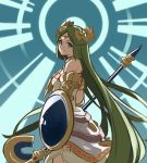 1girl armlet bangs bare_shoulders bracer breasts circlet closed_mouth dress facing_away goddess green_eyes green_hair highres jewelry kid_icarus long_hair looking_at_viewer neck_ring necklace nishikuromori palutena parted_bangs shield small_breasts smile solo staff straight_hair strapless strapless_dress very_long_hair white_dress 