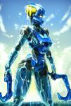  2020 armor bionicle blue_body breasts cloud digital_drawing_(artwork) digital_media_(artwork) dripping_wet dual_weapon dual_wielding female fingers gali glistening glistening_body glistening_skin hi_res holding_object holding_weapon hooks humanoid lego machine mask melee_weapon mouthless not_furry outside robot robot_humanoid sea seaside simple_background sky soaked solo sparkles standing toa tt_006 water weapon wet yellow_eyes 