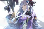  1girl assault_rifle bangs belt_buckle black_jacket black_ribbon blurry buckle closed_mouth depth_of_field eyebrows_visible_through_hair facial_mark german_flag girls_frontline gloves green_eyes gun h&amp;k_hk416 hair_ornament hair_ribbon hairclip hand_up head_tilt highres hk416_(girls_frontline) holding holding_gun holding_weapon id_card iron_cross jacket long_hair mixed-language_commentary mod3_(girls_frontline) multicolored multicolored_clothes multicolored_gloves open_clothes open_jacket ribbon rifle silver_hair solo teardrop trigger_discipline upper_body vikpie weapon 