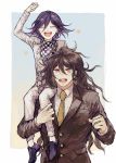  2boys :d absurdres black_footwear black_hair brown_hair brown_jacket carrying checkered checkered_neckwear checkered_scarf closed_eyes collared_shirt commentary_request danganronpa glasses gokuhara_gonta green_hair hair_between_eyes highres jacket long_hair long_sleeves looking_at_viewer male_focus multiple_boys necktie new_danganronpa_v3 open_mouth ouma_kokichi pants postal_mark_(tsu_qq) purple_hair red_eyes scarf school_uniform shirt shoes simple_background smile straitjacket teeth upper_body white_jacket white_pants yellow_neckwear 