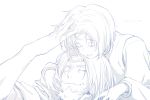  1boy 1girl beard closed_eyes closed_mouth commentary couple dated facial_hair fog_(tales) hand_on_another&#039;s_head hetero husband_and_wife kybanchou long_sleeves lysithea_(tales) monochrome petting short_hair sketch tales_of_(series) tales_of_eternia 