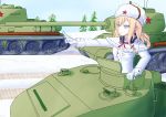  1girl absurdres blonde_hair blue_eyes breasts caterpillar_tracks coat commentary_request day fur_hat gilijim girls_frontline ground_vehicle hat highres long_hair military military_vehicle mosin-nagant_(girls_frontline) motor_vehicle sky snow star_(symbol) t-34 t-34-85 tank tree ushanka 