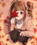  1girl ahoge autumn autumn_leaves bangs black_legwear blunt_bangs blurry blurry_background blush breasts brown_cardigan brown_footwear brown_hair brown_jacket brown_legwear brown_scrunchie brown_skirt buttons cardigan collared_shirt commentary_request covering_one_eye day depth_of_field dress_shirt drill_hair fingernails full_body grin hair_ornament hair_scrunchie hand_on_own_knee hand_up highres holding holding_leaf hood hood_down hooded_jacket idolmaster idolmaster_million_live! jacket kamille_(vcx68) leaf light_particles long_sleeves looking_at_viewer maple_leaf medium_breasts medium_hair miniskirt nail_polish open_clothes open_jacket outdoors pantyhose purple_eyes red_nails scrunchie shadow shirt shoes side_ponytail sidelocks skirt sleeves_past_wrists smile solo squatting white_shirt yokoyama_nao 