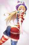  1girl american_flag_dress american_flag_legwear ass blonde_hair breasts clownpiece covered_nipples dress fang hat highres jester_cap long_hair looking_at_viewer neck_ruff no_wings polka_dot purple_eyes purple_headwear short_sleeves small_breasts smile solo star_(symbol) striped thighhighs touhou z.o.b 