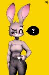  2020 anthro awr_hey breasts clothed clothing disney female fur grey_body grey_fur hi_res judy_hopps looking_at_viewer purple_eyes simple_background solo yellow_background zootopia 