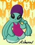  2020 alien alternate_form artbro black_eyes cephalopod clothing digital_drawing_(artwork) digital_media_(artwork) disney experiment_(lilo_and_stitch) female hi_res holding_tentacle lilo_and_stitch looking_at_viewer marine mollusk one-piece_swimsuit simple_background smile smiling_at_viewer solo standing swimming_cap swimwear teal_body tentacles text yellow_background yin_(lilo_and_stitch) 