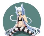  1girl animal_ear_fluff animal_ears arknights bangs bare_arms bare_shoulders bell bell_choker black_bra black_choker black_panties blush bra breasts cat_ears cat_tail choker circle cleavage colored_eyelashes commentary eyebrows_visible_through_hair feet_out_of_frame green_eyes hand_up highres huizhiyin jingle_bell knees_together_feet_apart long_hair navel panties parted_lips rosmontis_(arknights) silver_hair sitting small_breasts solo stomach striped striped_legwear tail thighhighs underwear underwear_only very_long_hair white_background 