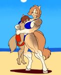  anthro beach big_breasts big_muscles blush breast_smother breasts clothing duo equid equine female hi_res horse kaboozle male male/female mammal muscular muscular_female muscular_thighs mustela mustelid musteline seaside smothering sun swimwear 