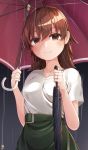  1girl absurdres artist_logo brown_eyes brown_hair collarbone green_skirt hair_between_eyes hibiki_zerocodo highres holding holding_umbrella jewelry kantai_collection long_hair ooi_(kantai_collection) ring shirt short_sleeves skirt smile solo umbrella wedding_band white_shirt 