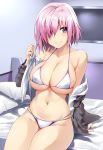  1girl bangs bare_shoulders bed bed_sheet bikini blush breasts cleavage closed_mouth clothes_down collarbone commentary_request covered_nipples eyebrows_visible_through_hair fate/grand_order fate_(series) grey_jacket groin hair_over_one_eye halterneck hand_up highres indoors jacket large_breasts legs_together looking_at_viewer mash_kyrielight navel off_shoulder on_bed open_mouth pillow pink_hair purple_eyes purple_hair short_hair shunichi sitting skindentation smile solo stomach swimsuit television thighs white_bikini white_jacket 