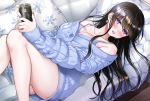  1girl alcohol ass black_hair blue_nails blue_sweater blue_tank_top blush breasts buttons can cleavage couch dress highres hikaru_(gevp7588) holding knees_together_feet_apart large_breasts long_hair lying nail_polish off-shoulder_sweater off_shoulder open_mouth original pillow purple_eyes sidelocks soda_can solo sweater sweater_dress tank_top thighs upper_teeth 