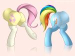  absurd_res blue_body blue_fur butt butt_focus clothing cutie_mark duo equid equine female feral fluttershy_(mlp) footwear friendship_is_magic fur hasbro hi_res hind_legs horse jotapensfw legwear mammal multicolored_tail my_little_pony pink_tail pony rainbow_dash_(mlp) rainbow_tail raised_leg raised_tail rear_view reflection simple_background socks thigh_highs translucent translucent_clothing underhoof yellow_body yellow_fur 