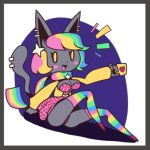  anthro border clothing coffee_mug felid female fuyuwa grey_border humanoid legwear low_res mammal meme multicolored_clothing nyan_cat panties panty_shot rainbow_clothing scarf solo thigh_highs underwear 