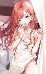  1girl ahoge arisugawa_natsuha bare_shoulders bed_sheet bracelet breasts brown_eyes cleavage commentary_request earrings fingernails hands_up highres idolmaster idolmaster_shiny_colors jewelry long_hair looking_at_viewer medium_breasts mirei naked_sheet one_eye_closed open_mouth red_hair solo yawning 