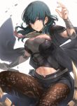  1girl abs arm_guards bangs black_coat black_footwear black_shorts blue_eyes blue_hair boots breasts brown_legwear byleth_(fire_emblem) byleth_(fire_emblem)_(female) closed_mouth coat coat_on_shoulders fire_emblem fire_emblem:_three_houses hair_between_eyes haru_(nakajou-28) highres holding holding_sword holding_weapon knee_boots large_breasts looking_at_viewer navel open_clothes open_coat pantyhose short_shorts shorts simple_background smile solo sword sword_of_the_creator tassel thighs vambraces weapon whip_sword white_background 