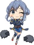  1girl :3 ;3 absurdres black_neckwear blue_hair blue_sailor_collar blue_skirt blush collared_shirt full_body gloves gotland_(kantai_collection) hair_bun half_gloves highres kantai_collection long_hair military military_uniform mole mole_under_eye neckerchief one_eye_closed osananajimi_neko sailor_collar sheep shirt skirt thigh_strap thighhighs uniform white_background white_gloves 