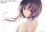  1girl back bare_back bare_shoulders blush brown_hair choker dated dress eyebrows_visible_through_hair hagino_chiaki hair_ornament happy_birthday hinako_note looking_back march-bunny purple_eyes short_hair_with_long_locks smile solo twitter_username x_hair_ornament 