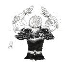  2boys android bald belt blank_eyes bodysuit detachable_thumb genos greyscale magic_trick male_focus mechanical_arms monochrome multiple_boys murata_yuusuke one-punch_man parody saitama_(one-punch_man) shirt simple_background solo_focus white_background 