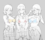  3girls ahoge bangs bikini bikini_top blue_bikini blush breasts breasts_outside clothes_around_waist commentary_request cowboy_shot front-tie_bikini front-tie_top grey_background greyscale hair_between_eyes heavy_breathing holding holding_clothes holding_skirt jacket jacket_around_waist large_breasts lifted_by_self long_hair long_sleeves looking_at_viewer love_live! love_live!_sunshine!! medium_breasts micro_bikini miniskirt monochrome multiple_girls open_clothes open_jacket orange_bikini plaid plaid_bikini plaid_skirt red_bikini sakurauchi_riko salute shirt_lift short_hair shorts sian sketch skirt spot_color standing steaming_body strapless strapless_bikini striped striped_bikini sweat swept_bangs swimsuit takami_chika trembling watanabe_you 