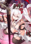  1girl absurdres azur_lane bangs bare_shoulders black_legwear black_ribbon breasts claw_pose collarbone commentary crown dress eyebrows_visible_through_hair flower frilled_dress frills gloves hair_between_eyes hair_ornament hair_ribbon highres kneeling leg_garter long_hair looking_at_viewer miya_ur open_mouth partially_fingerless_gloves pink_nails red_eyes red_ribbon ribbon rose sidelocks silver_hair small_breasts solo thighhighs twintails vampire_(azur_lane) 