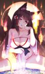  1girl alternate_costume amagi_(azur_lane) amagi_(wending_waters_serene_lotus)_(azur_lane) animal_ear_fluff animal_ears azur_lane bangs bare_shoulders bikini breasts brown_hair cleavage collarbone commentary_request finger_to_mouth fire floral_print foreshortening fox_ears fox_tail groin hair_ornament half-closed_eyes hand_up highres large_breasts long_hair looking_at_viewer makeup makumaxu multiple_tails nail_polish red_nails see-through sitting solo spread_legs swimsuit tail thick_eyebrows thighs water white_bikini 