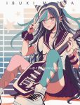  1girl bangs bespectacled black_hair black_nails blue_hair blush character_name choker collarbone criis-chan danganronpa ear_piercing electric_guitar eyebrows_visible_through_hair foot_out_of_frame glasses guitar hand_up holding holding_instrument instrument jewelry lip_piercing long_hair looking_at_viewer mioda_ibuki mismatched_legwear multicolored_hair nail_polish piercing pink_eyes pink_hair pink_legwear pleated_skirt purple_skirt sailor_collar school_uniform scrunchie serafuku shoes short_sleeves sitting skirt smile sneakers solo star_(symbol) star_print striped super_danganronpa_2 thighhighs tongue tongue_out torn_clothes torn_legwear twitter_username untied_shoes v very_long_hair white_hair wrist_scrunchie 