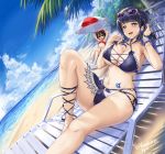  2girls :d arms_behind_head asaka_karin bangs beach beach_chair beach_umbrella bikini black_hair blue_bikini blue_eyes blue_hair bracelet breasts butterfly_tattoo cloud covered_nipples crossed_legs dutch_angle earrings eyewear_on_head hair_ribbon highres jewelry kamishiro_ryuu knee_up large_breasts leg_garter looking_at_viewer love_live! love_live!_nijigasaki_high_school_idol_club love_live!_school_idol_project lying multiple_girls o-ring o-ring_bikini on_back open_mouth outdoors palm_tree ribbon short_hair sky small_breasts smile stomach sunglasses swimsuit tattoo thighs tree twintails umbrella water yazawa_nico 