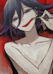  1boy absurdres bangs collarbone commentary_request danganronpa flipped_hair hair_between_eyes hand_up head_tilt highres holding looking_at_viewer male_focus new_danganronpa_v3 ouma_kokichi paint_on_face paintbrush postal_mark_(tsu_qq) purple_eyes purple_hair red_background shirtless short_hair smile solo upper_body 