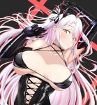  1girl artist_request azur_lane bare_shoulders black_bow black_bra black_choker black_gloves bow bra breasts breasts_apart choker cleavage criss-cross_halter elbow_gloves fake_horns gloves halterneck highres horns large_breasts leather leather_gloves long_hair looking_at_viewer lying multi-strapped_bra multicolored_hair on_back orange_eyes prinz_eugen_(azur_lane) red_hair sleeveless solo streaked_hair two-tone_hair underwear upper_body very_long_hair white_hair 
