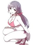  1girl bikini breasts clenched_teeth deyuuku eyebrows_visible_through_hair hair_ornament hair_scrunchie jewelry large_breasts long_hair looking_at_viewer love_live! love_live!_school_idol_project low_twintails necklace purple_eyes purple_hair red_bikini red_footwear red_scrunchie scrunchie shoes side-tie_bikini simple_background smile solo squatting swimsuit teeth toujou_nozomi twintails white_background 