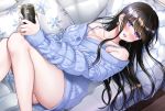  black_hair couch drink hikaru_(gevp7588) long_hair purple_eyes 