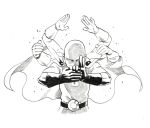  1boy bald belt blank_eyes bodysuit cape detachable_thumb floating_cape gloves greyscale hands_up magic_trick male_focus monochrome murata_yuusuke one-punch_man saitama_(one-punch_man) simple_background solo white_background 