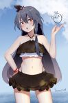  1girl :o absurdres bangs bikini black_bikini black_hair blue_sky cloud cloudy_sky frilled_bikini frills fu_hua fu_hua_(herrscher_of_sentience) hair_between_eyes hair_ornament hand_on_hip highres honkai_(series) honkai_impact_3rd index_finger_raised long_hair looking_at_viewer multicolored_hair navel ocean outdoors red_eyes sky solo streaked_hair swimsuit yikuaiguapi46577 