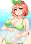  :d absurdres ball bangs beach beachball bikini blue_eyes breasts cleavage collarbone commentary_request cowboy_shot curved_horizon go-toubun_no_hanayome green_bikini hair_ribbon highres holding holding_ball holding_beachball large_breasts looking_at_viewer mikoshiha nakano_yotsuba navel ocean open_mouth orange_hair ribbon short_hair sidelocks smile standing swimsuit upper_body upper_teeth white_background 