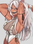  1girl alternate_costume animal_ears armpits arms_up bangs boku_no_hero_academia breasts bunny_ears bunny_tail commentary_request costume_request cowboy_shot dark_skin dark_skinned_female frilled_cuffs gradient_hair grey_background hands_in_hair highres large_breasts long_hair looking_at_viewer mirko multicolored_hair muscle muscular_female neshia_(tsaqif0309) open_mouth outline parted_bangs red_eyes reflective_eyes see-through shiny shiny_clothes shiny_hair shiny_skin smile solo tagme tail taut_clothes teeth tsurime very_long_hair white_hair wrist_cuffs 