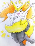  2020 3:4 ambiguous_gender big_ears braixen chest_tuft cute_expression eiroru emanata fluffy fluffy_tail front_view fur hi_res hip_tuft inner_ear_fluff jumping long_tail looking_at_viewer multicolored_body multicolored_fur multicolored_tail nintendo open_mouth open_smile pink_tongue pok&eacute;mon pok&eacute;mon_(species) portrait raised_arm red_eyes semi-anthro shoulder_tuft simple_background smile solo tongue tuft video_games white_body white_fur 