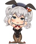  1girl absurdres animal_ears black_leotard blue_eyes breasts brown_legwear bunny_ears bunny_pose chibi cleavage commentary_request detached_collar fishnet_legwear fishnets full_body gloves head_tilt high_heels highres kantai_collection kashima_(kantai_collection) kneeling large_breasts leotard looking_at_viewer neckerchief no_nose osananajimi_neko pantyhose playboy_bunny red_footwear red_neckwear sidelocks silver_hair solo strapless strapless_leotard twintails wavy_hair white_gloves 