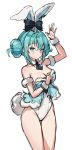  1girl absurdres animal_ears aqua_eyes aqua_hair armband ass_visible_through_thighs bare_shoulders bicute_bunnies_miku black_bow black_neckwear bow breasts bunny_ears bunny_tail carrot cleavage collarbone covered_navel detached_collar double_bun eyebrows_visible_through_hair fake_animal_ears feet_out_of_frame frills fur_trim hatsune_miku highres hyoin leotard leotard_pull looking_at_viewer medium_breasts necktie no_legwear playboy_bunny sidelocks sketch solo strapless strapless_leotard tail thigh_gap thighs vocaloid waving wristband 