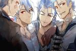  4boys alternate_costume beads blue_hair collar collared_shirt cu_chulainn_(fate)_(all) cu_chulainn_(fate/grand_order) cu_chulainn_(fate/prototype) cu_chulainn_alter_(fate/grand_order) dark_persona earrings facepaint fate/grand_order fate/prototype fate/stay_night fate_(series) grin hair_beads hair_ornament hakusaihatake highres jewelry lancer long_hair looking_at_viewer male_focus multiple_boys multiple_persona one_eye_closed ponytail popped_collar red_eyes shirt short_hair smile spiked_hair the_musketeers_(fate/grand_order) type-moon 